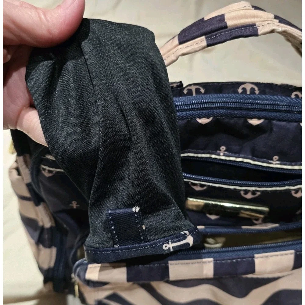 JuJuBe Commodore Tan Navy Size Large Nautical Anchor Stripes Diaper Bag Travel